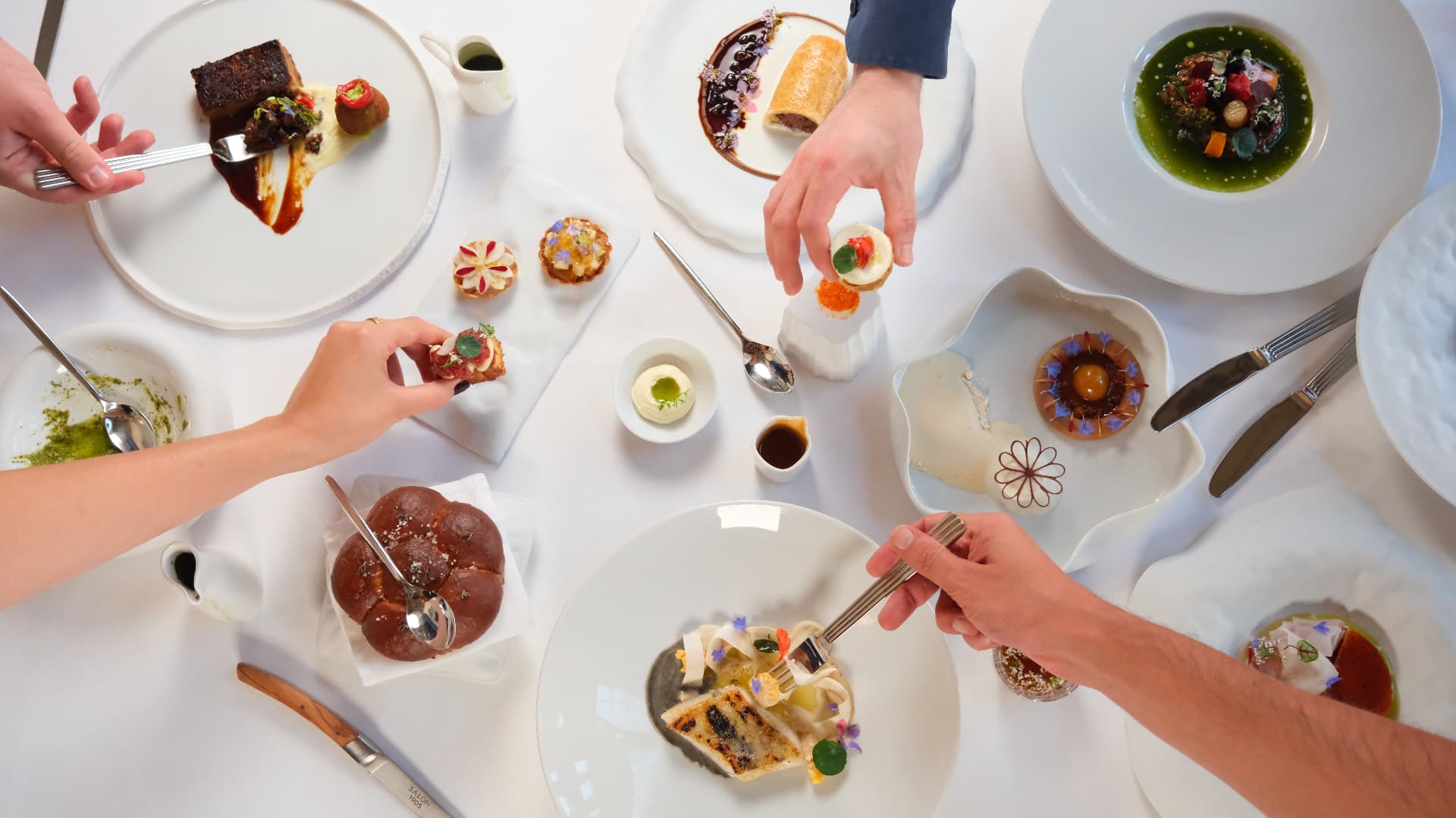 Overhead table of plated courses with hands reaching in, shot from above on white
