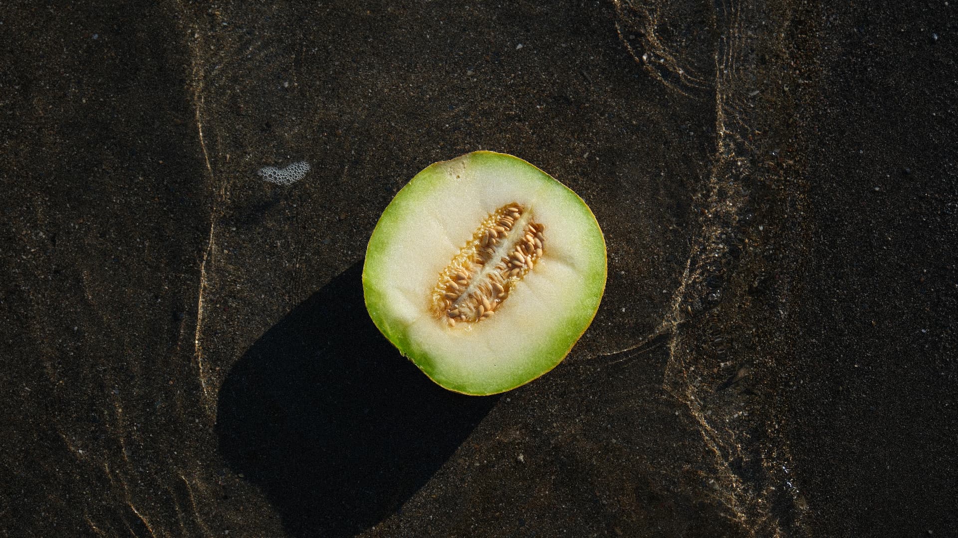 Half a melon resting on dark wet sand with a long shadow