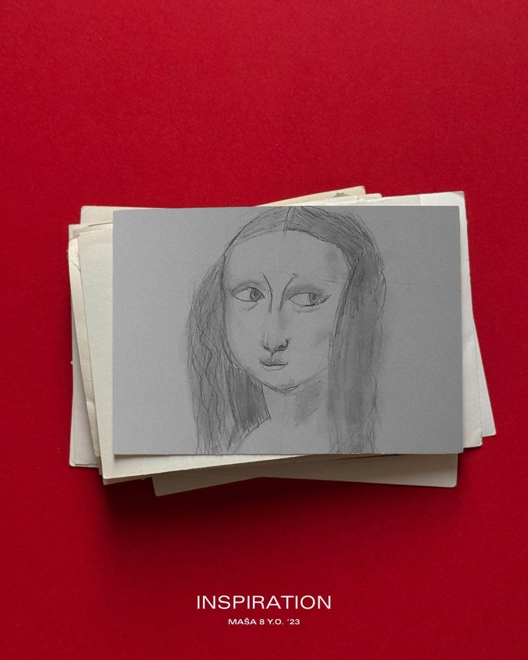A child's pencil drawing of the Mona Lisa on a stack of paper, red background